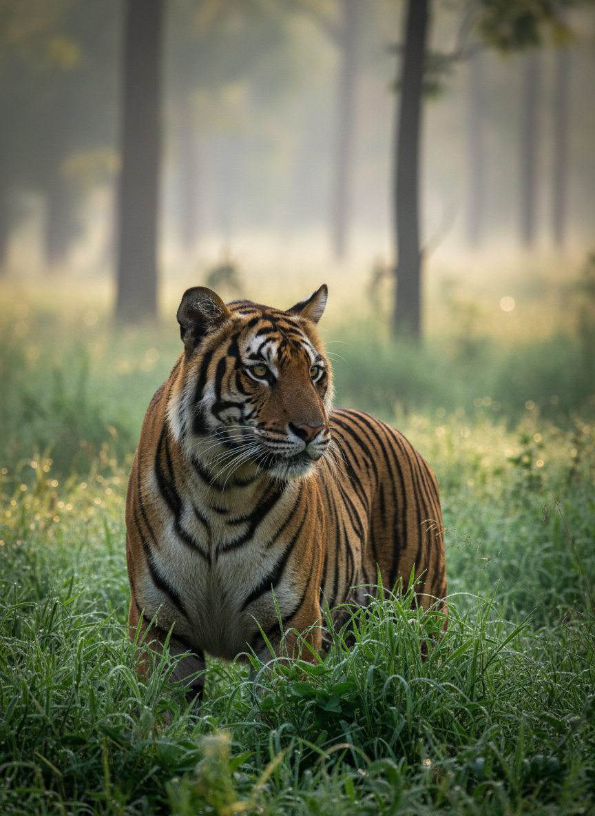A majestic Bengal tiger with rich orange fur and bold black stripes stands partially concealed among dense emerald-green grass in an Indian forest clearing. Dew clings to each blade of grass, and the tiger’s amber eyes are sharply focused on something beyond the frame. Early morning mist softens the sal forest in the background, rendered as a gentle photographic blur. Soft, diffused dawn light filters through the canopy, catching individual whiskers and creating a subtle rim light along the tiger’s back. Shot at eye level with a telephoto lens and shallow depth of field, the composition follows the rule of thirds, conveying a professional, documentary news style with photographic realism and a calm yet alert atmosphere.