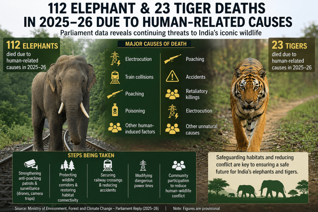 Parliament Data Reveals 112 Elephant and 23 Tiger Deaths Due to Human-Related Causes in&nbsp;2025–26
