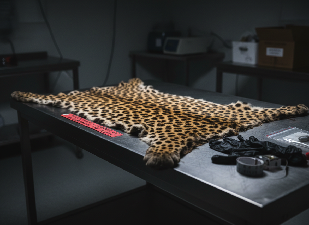 A close-up photograph of a leopard's spotted skin/fur, lying flat, suggesting it has been seized as evidence by wildlife authorities. The image conveys the grim reality of wildlife poaching. Dark, moody lighting. Photorealistic style.