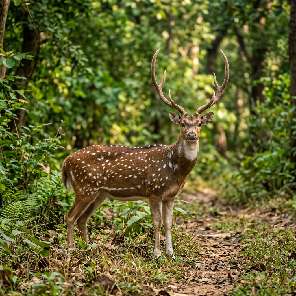 Spotted deer with antlers standing on a leafy forest path