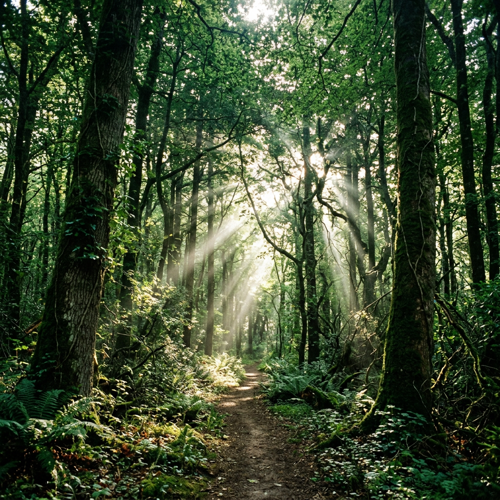 Forest path surrounded by trees and ferns with sun rays filtering through branches