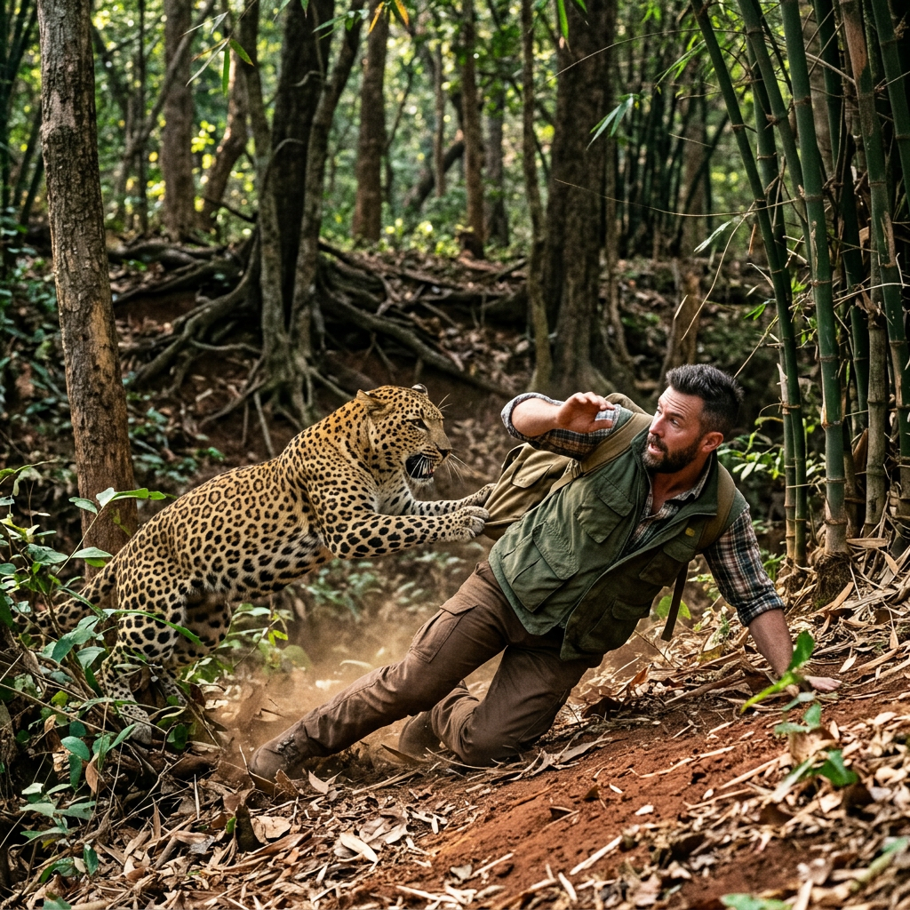 Man falling back while a leopard lunges to claw at his chest in a forest