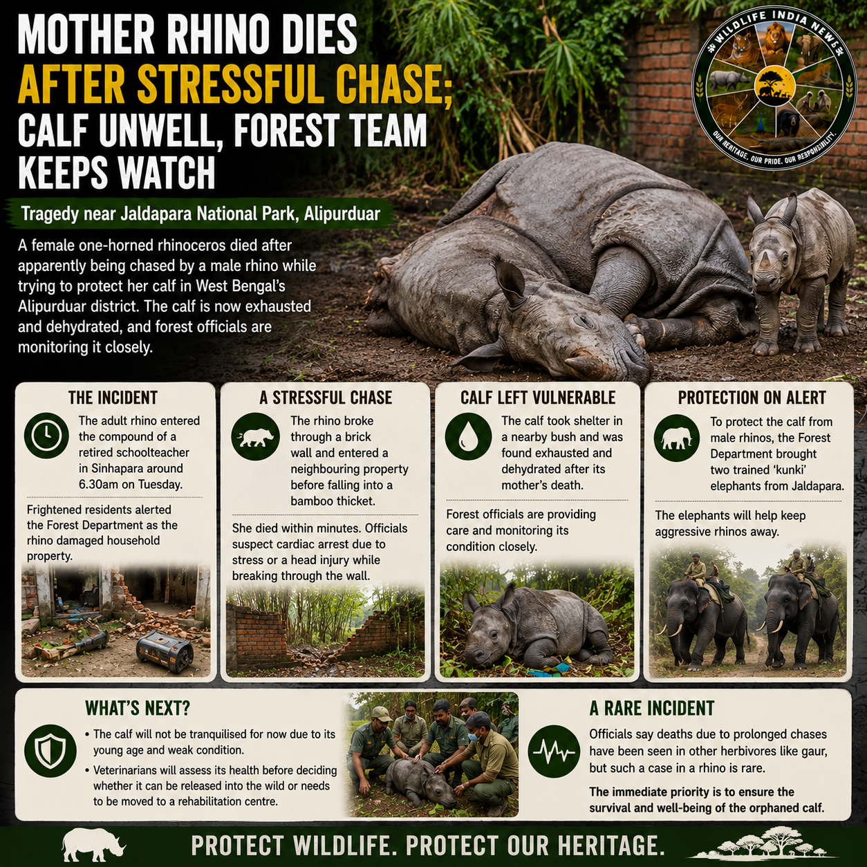Mother Rhino Dies After Apparent Stress While Fleeing Male Rhino in Alipurduar