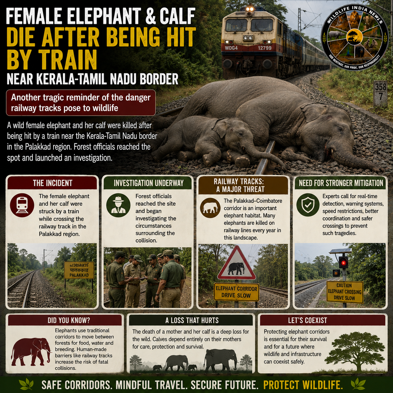 Female Elephant and Calf Killed After Train Collision Near Kerala-Tamil Nadu Border
