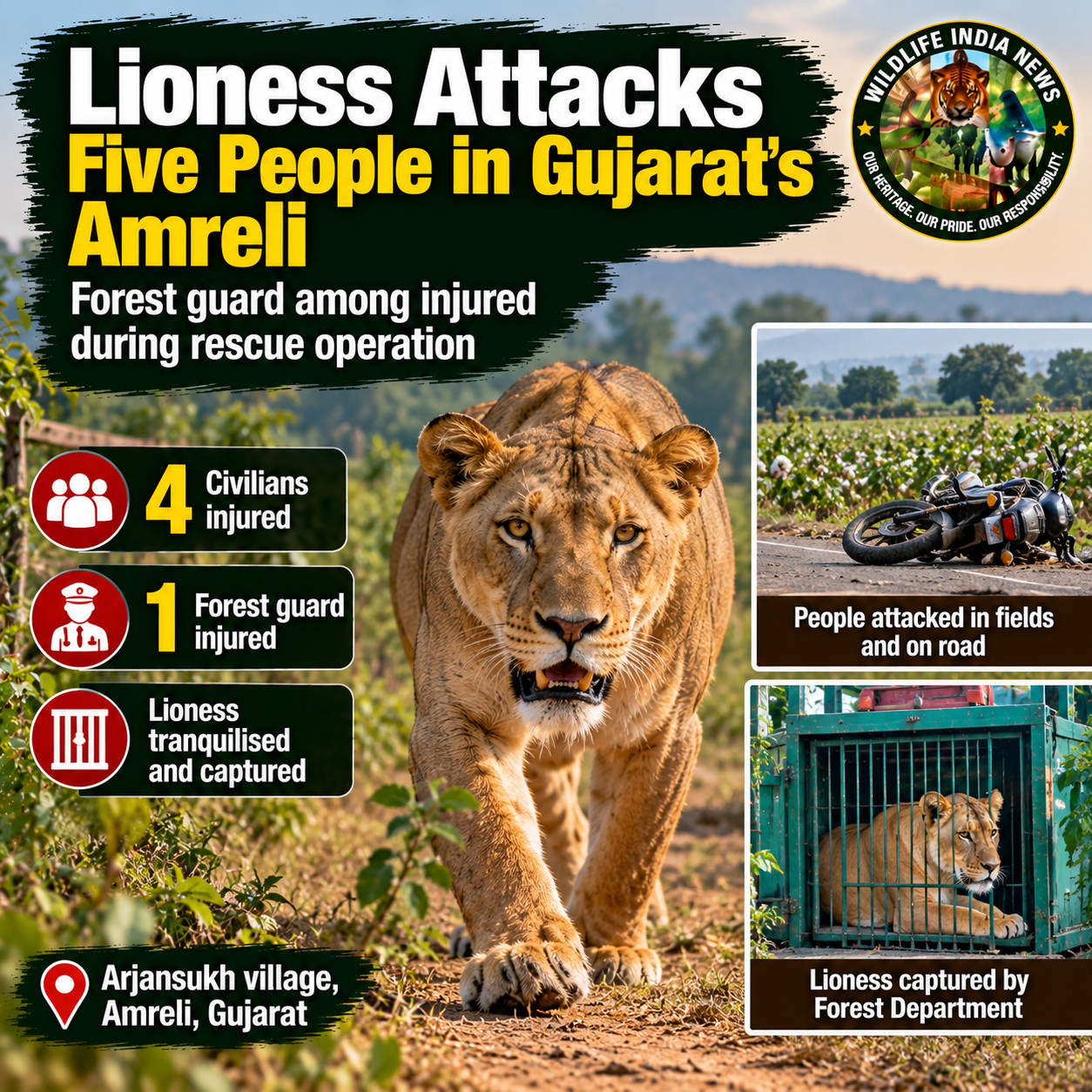 Lioness Attacks Five in Gujarat’s Amreli, Injures Forest Guard During Rescue Operation